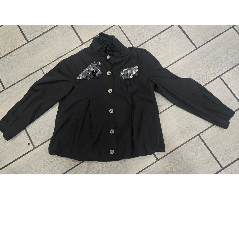 Haute Italy Black Sequin Embellished Ruffle Collar Lightweight Jacket Size 88